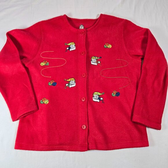 Vintage Red Fleece Cardigan With Embroidered Cat & Yarn Patterns - Picture 1 of 12